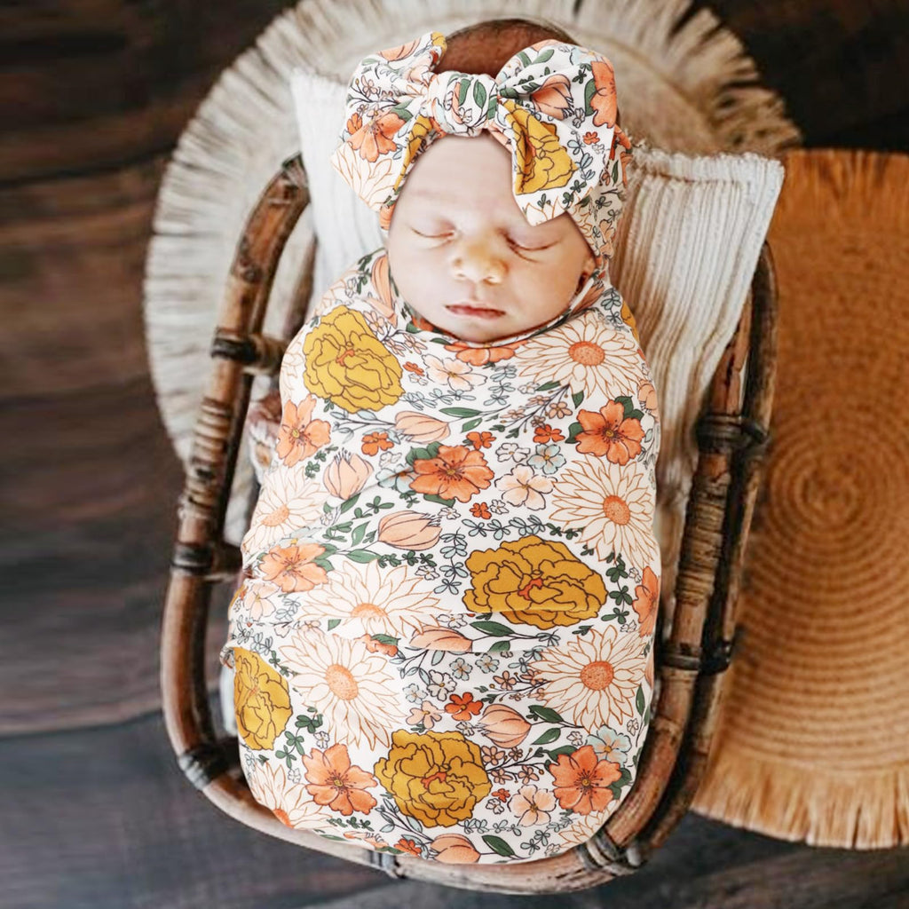 DRESHOW BQUBO Baby Girl Newborn Floral Receiving Blankets with Bow Hat Headband Wooden Birth Announcement Card Set Newborn Baby Swaddling Hats Swaddle Blanket Toddler Warm Shower Gift
