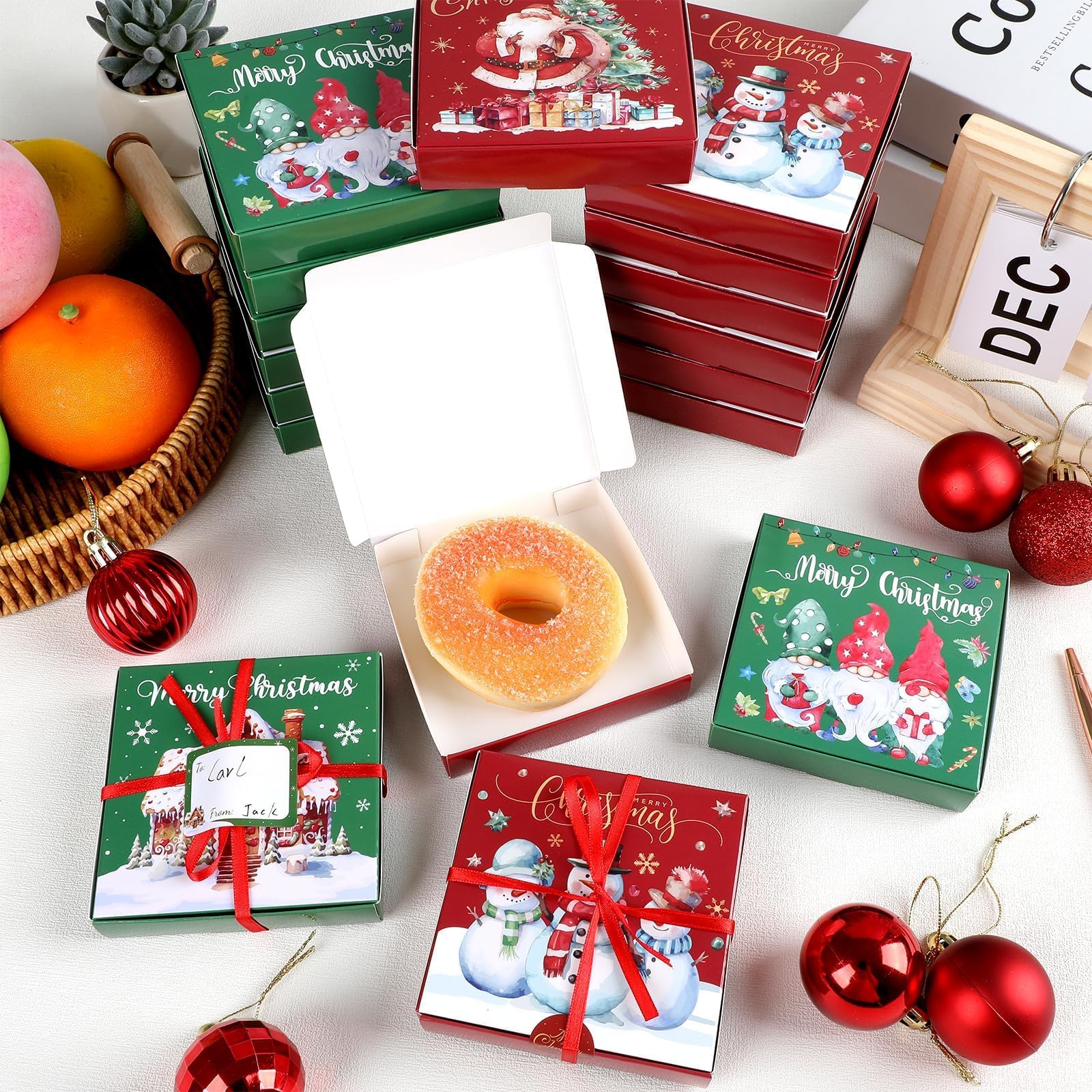 50 PCS Christmas Mini Pizza Boxes, 3.54 x 3.54 x 0.78 Inch Square Cardboard Small Reusable Pizza Box Lock Corner Coated Kraft Boxes Bulk for Celebrations Cookies Cake Party Favors Christmas