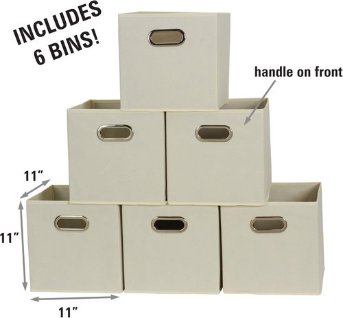Fabric Storage Bins 6-Piece Set - Strong Poly-Woven Fabric, Sturdy Chipboard, Stackable & Foldable - Classic Cream