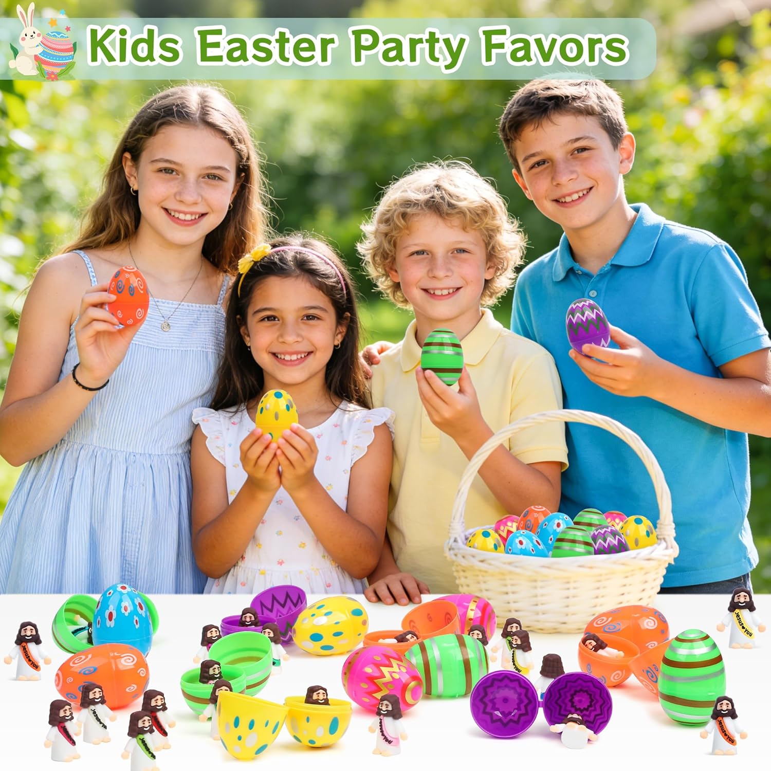 Regine Switzerland Easter Basket Stuffers - 60 PCS Colorful Eggs & Religious Jesus Figurines for Kids
