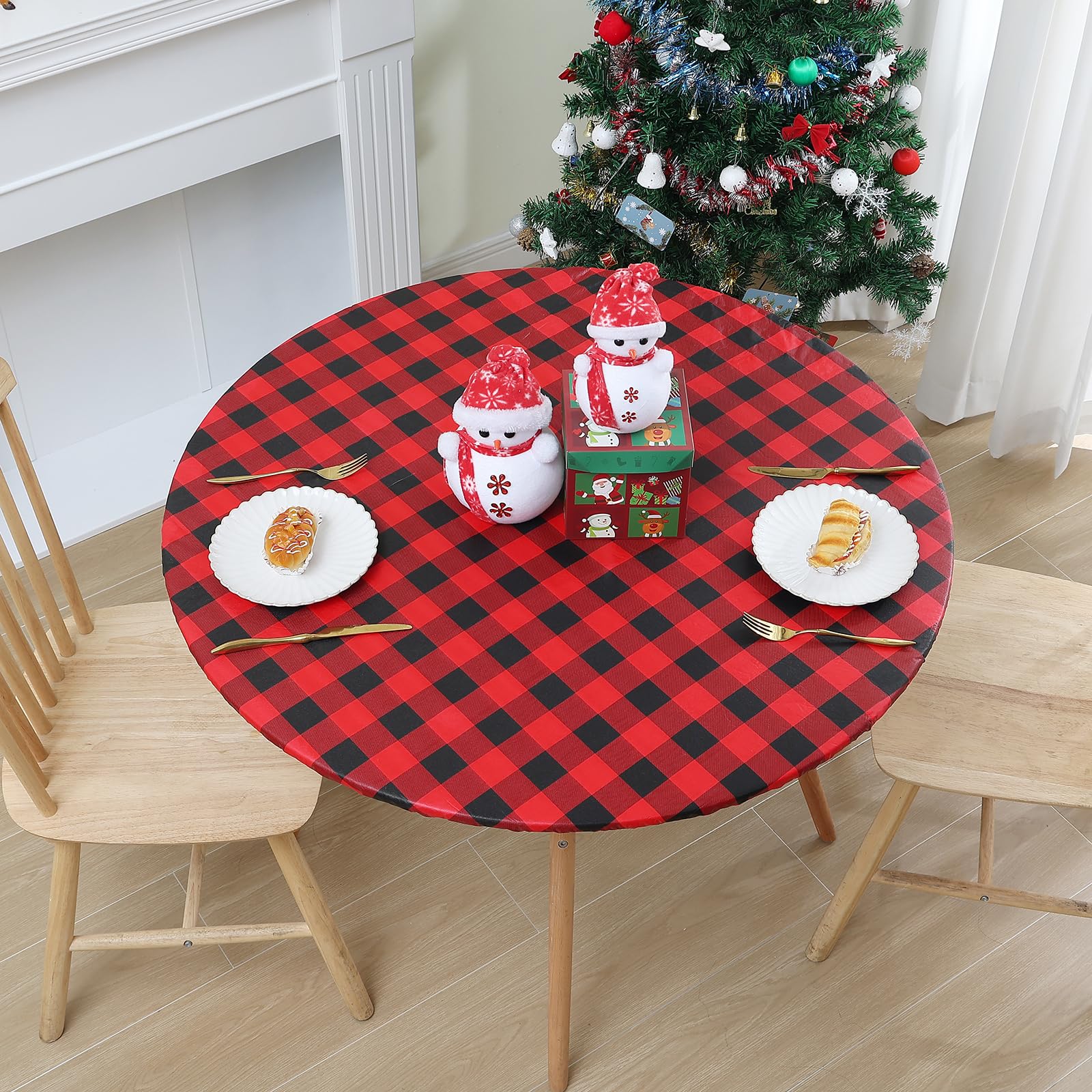 Smiry Round Picnic Tablecloth, Elastic Waterproof Fitted Vinyl Tablecloths for 57"-68" Tables, Flannel Backed Buffalo Plaid Table Cover for Dining, Camping, Outdoor, Black and Red