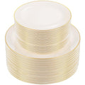 bUCLA 100PCS Ivory Plastic Plates with Gold Rim - Heavy Duty Cream Disposable Include 50 Dinner 10 inch & 50 Dessert 7 inch, for Party & Wedding