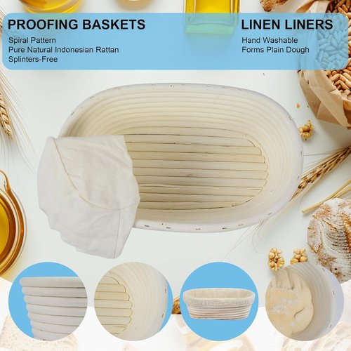 Banneton 3-Piece Set - 10 Inch Oval Rattan Proofing Baskets for Sourdough Bread Baking | Handmade Liners