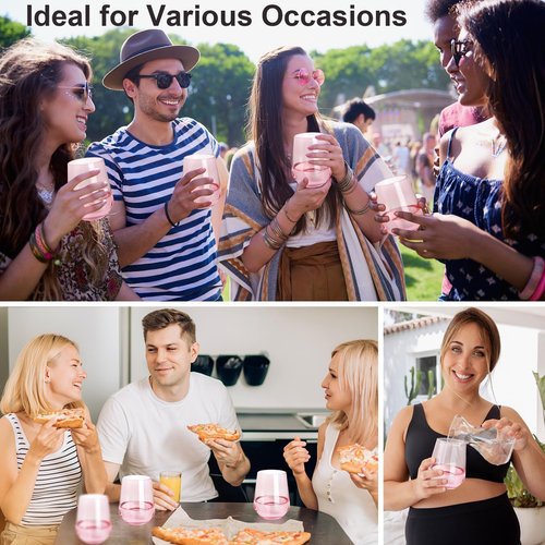 GLAZVIA Pink Stemless Wine Glasses Set of 6, 15oz Drinking Glassware Dishwasher Safe, Wine Glass Tumblers for Red or White, Gift for Party, Holiday, Anniversary, Restaurant, Home Bar, Daily Use