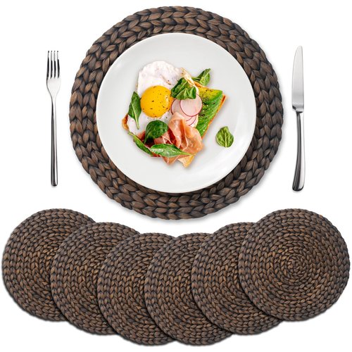 6 Pack, Round Woven Placemats, Natural Water Hyacinth Wicker Place mats, Braided Straw Table Mats for Dining Table, Fall, Halloween, Thanksgiving, Chrismats, Black (13.8 inch)