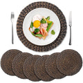 6 Pack, Round Woven Placemats, Natural Water Hyacinth Wicker Place mats, Braided Straw Table Mats for Dining Table, Fall, Halloween, Thanksgiving, Chrismats, Black (13.8 inch)