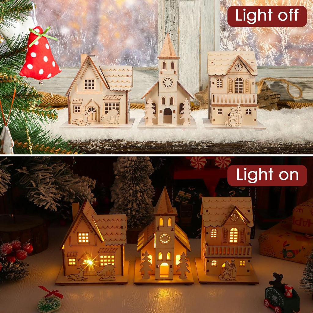 NUOBESTY Christmas Village Ornaments - 3pcs LED Luminous Wooden Houses | Festive Light Brown Decor