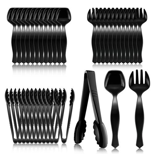 Mwellewm 36Pcs Plastic Serving Utensils Set 9'' Large Disposable Serving Spoons Forks Tongs for Serving Food Heavy Duty Black Large Party Utensils Supplies for Buffet Restaurant Dinner Salad Soup