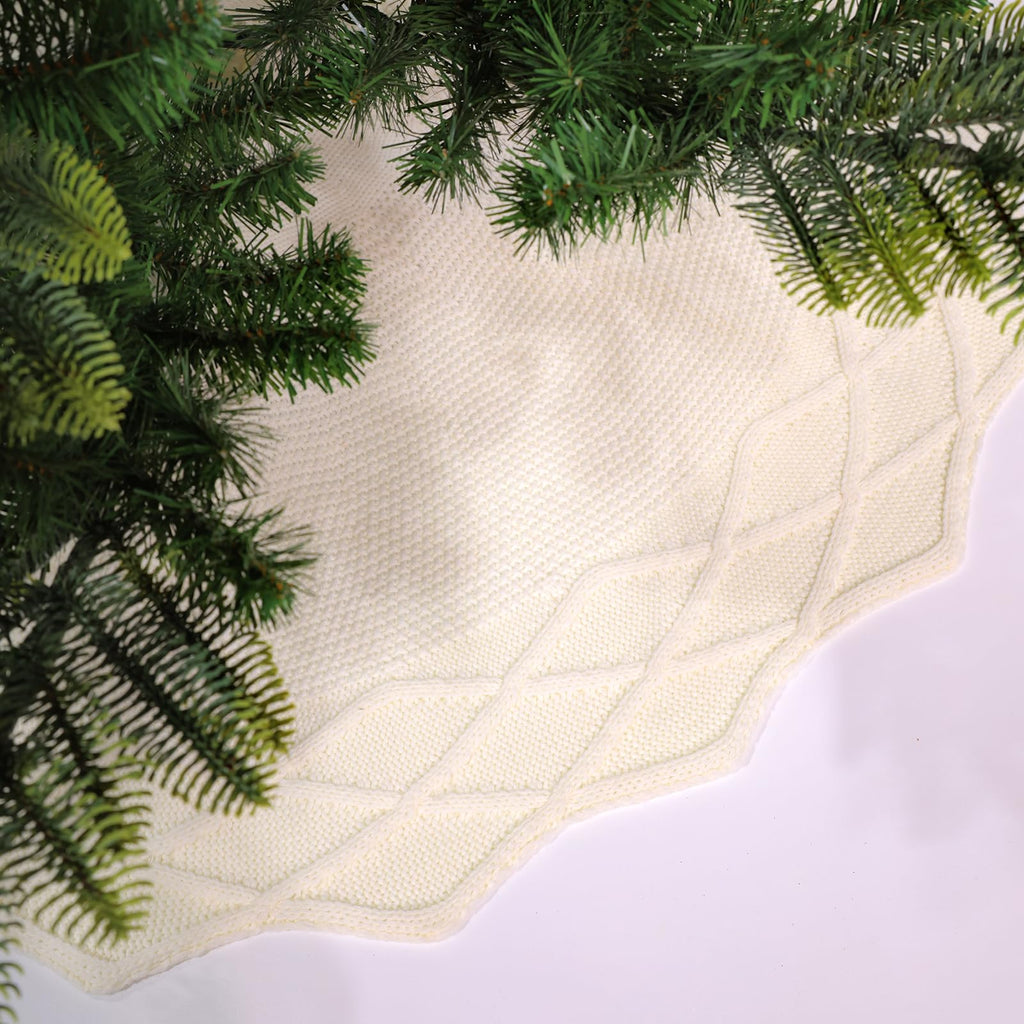 WBHome Christmas Tree Skirt, 48 inch Cable Knit Knitted Thick Rustic Holiday Decoration, Christmas White