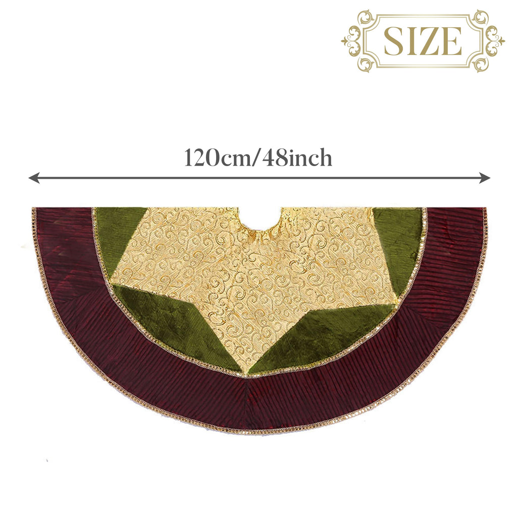 Valery Madelyn Christmas Tree Skirt for Tree Decorations, 48 Inch Traditional Red Green Gold Large Xmas Velvet Tree Skirt with Embroidery Patchwork & Tassels for Tree Merry Christmas Party Decor