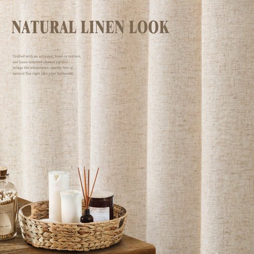 XOGUIBO Linen Shower Curtain Beige, Fabric Boho Farmhouse Shower Curtains for Bathroom Cream Cotton Natural Cloth Liner Set 72" W x 72" L