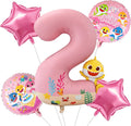 PartyWoo Baby Shark Pink Foil Number 2 Balloon - 5pcs 18-Inch Round Mylar Helium Birthday Decorations for Kids