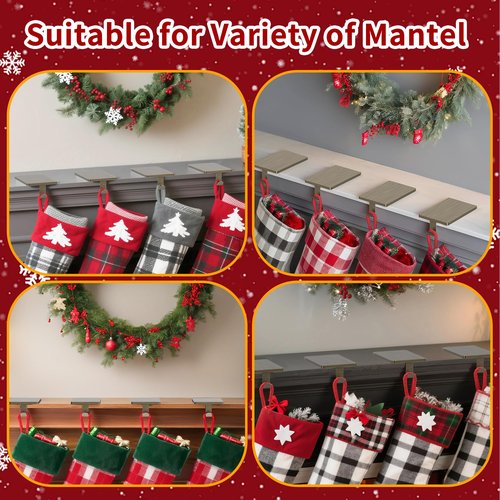 GloTika Christmas Stocking Holders for Mantle Set of 4, Heavy Duty Stocking Holder Hooks for Fireplace Tabletop Shelf Christmas Ornaments, Cast Iron Stocking Hangers Base, Bronze