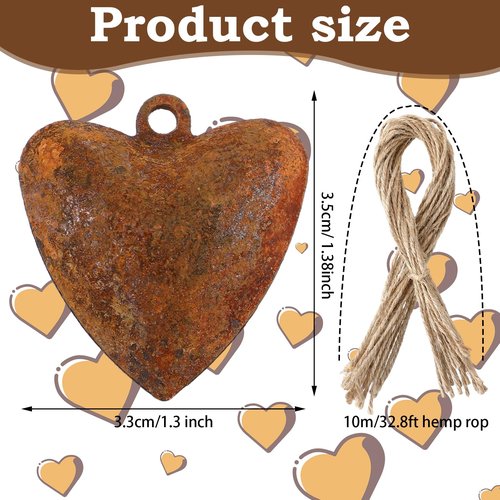 Yaocom 48 Pcs Rusty Bells Crafts Heart Shaped Valentine's Day Bell Decorations Metal Sleigh Bells with Jute Rope DIY Jingle Bell for Wedding Garland Farmhouse Rustic Front Door Window Decor