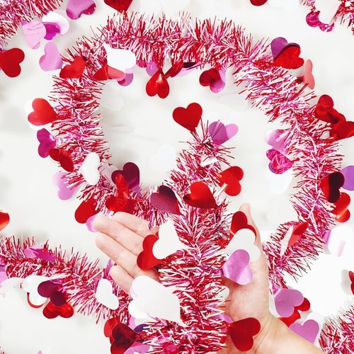 33ft Valentine Garland, Metallic Tinsel Decor |Red, Pink & White Sparkling Heart Garland with Glitter, Perfect for Wall, Party, and Photo Backdrop Valentine's Day Decorations.