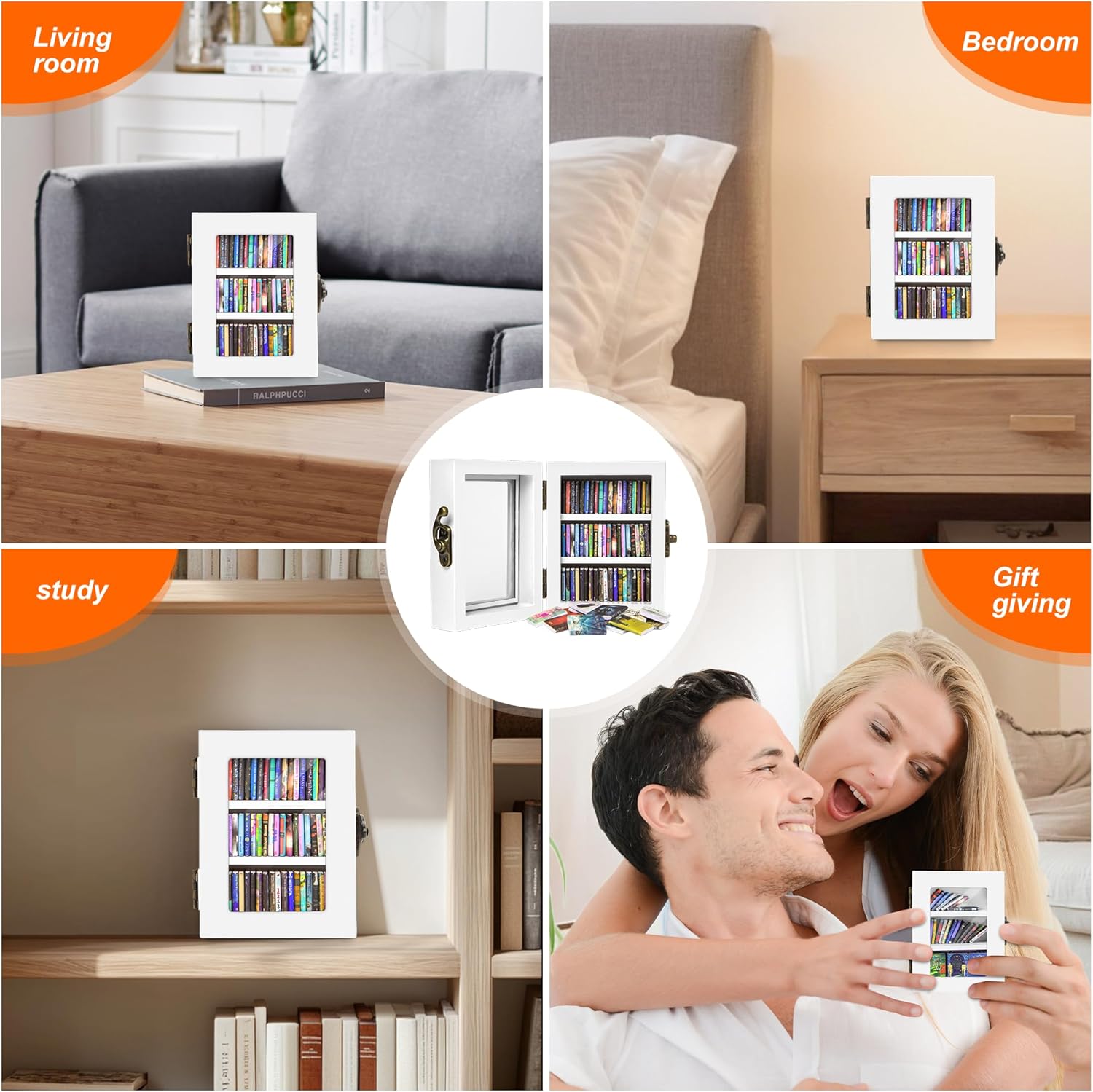 Regine Switzerland Mini Bookshelf | 60PCS Wooden Miniature Book Library for Stress Relief - White