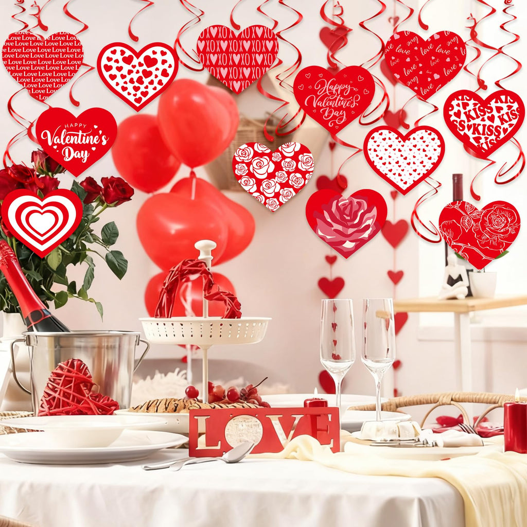 Valentine's Day Hanging Swirls, 30Pcs Love Heart Swirls Ceiling Decorations for Happy Valentines Day Galentines Anniversary Party Supplies