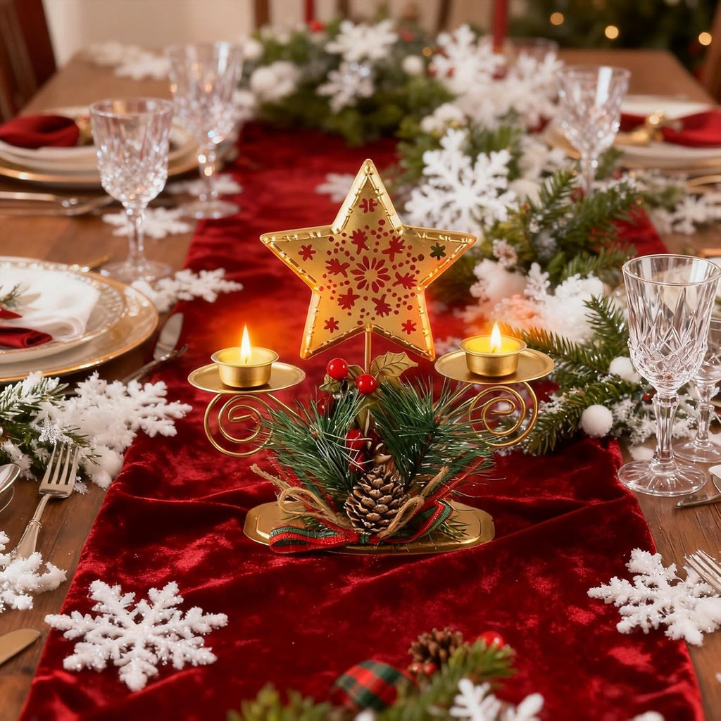Regine Switzerland Christmas Tea Light Candle Holders - Elegant Metal Centerpiece with Artificial Berries & Pine Cones