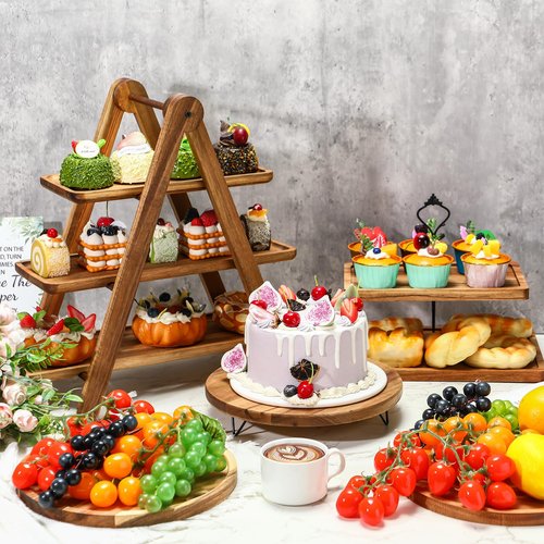 Havawish 5 Pcs Wooden Dessert Table Display Set, Farmhouse 2 Tier Cupcake Stand 3 Tier Wood Cake Tower Round Serving Tray Food Platter for Tea Party Wedding Farmhouse Decoration