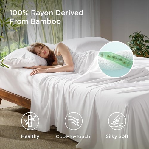 Bedsure Cooling Bed Sheets - Soft Rayon from Bamboo | Deep Pocket Up to 16" | Hotel Luxury White
