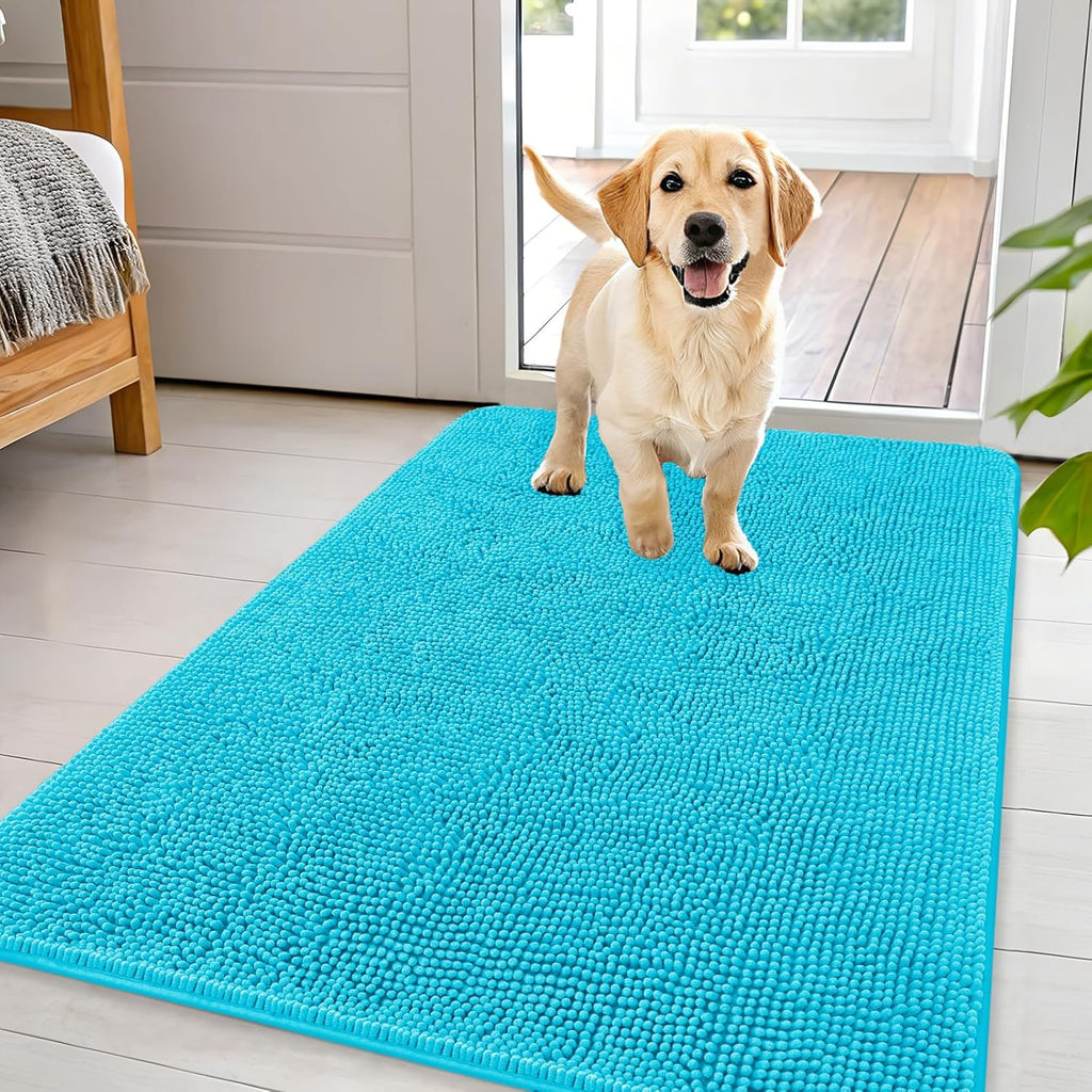 OLANLY Dog Door Mat - Absorbent Non-Slip Chenille Mat for Muddy Paws | 44x32, Aqua Blue