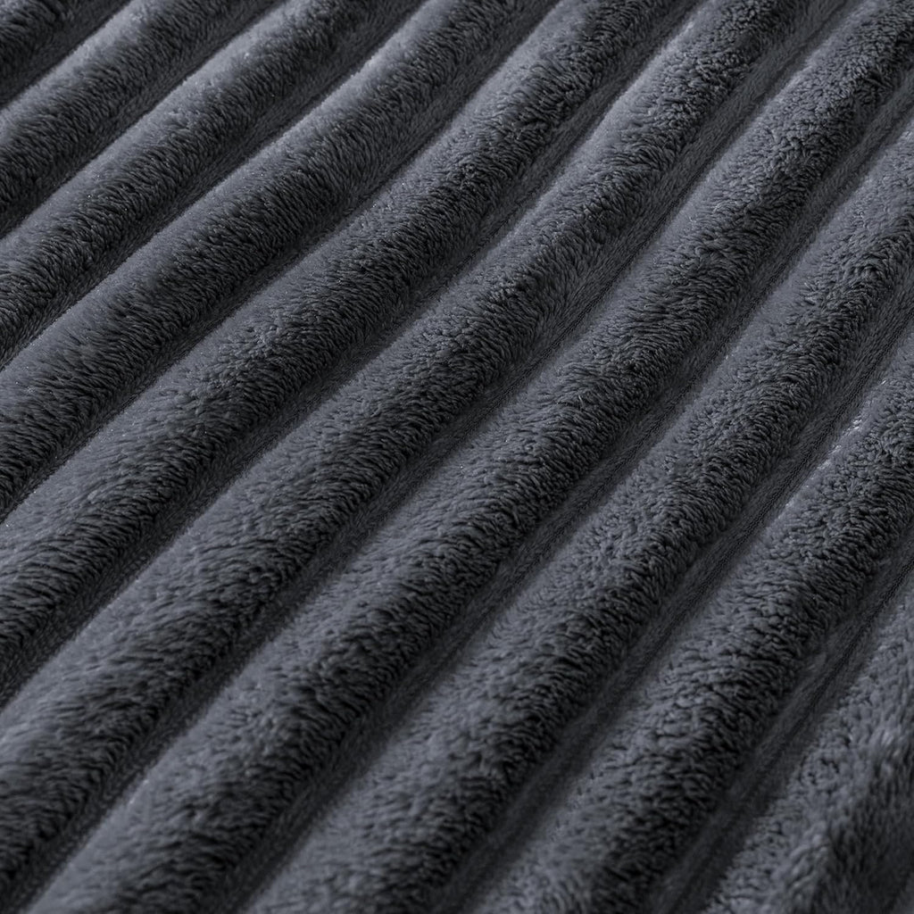 Skiennix Super Soft Queen Blanket - Premium Silky Flannel Fleece, 3D Striped Jacquard Design, 90x90 Inches, Dark Grey