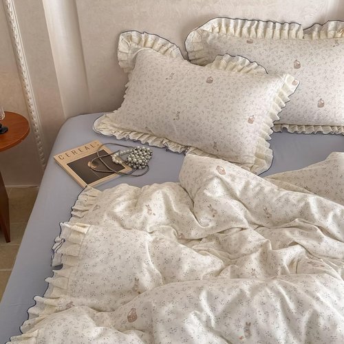 AMZTOP Rabbit Floral Duvet Cover Set 100% Muslin Cotton Gauze Bedding Set,1 Full Size Duvet Cover with 2 Pillowcases with Ruffles,All Season Lightweight Breathable Soft Quilt Covers Baby Kids 80"×90"