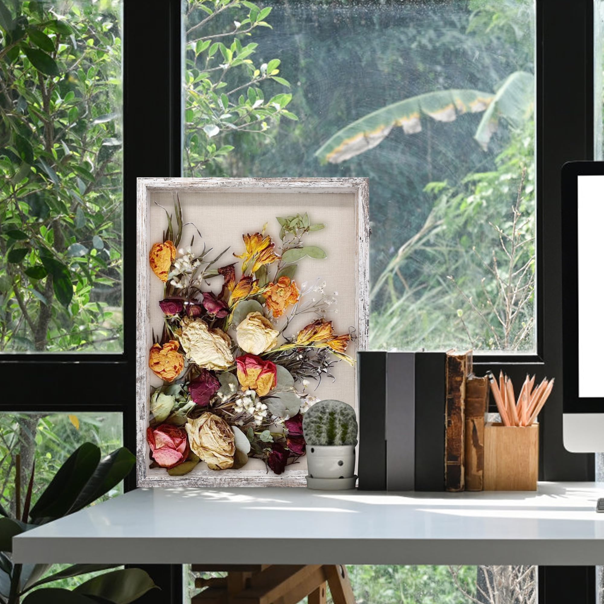 GraduationMall 18x24 Wood Shadow Box Frame Glass Door Display Case with Linen Back and 6 Stick Pins,1.5 inches Interior Depth,Ideal for Memorabilia Pictures Flowers Medals Tickets Rustic White