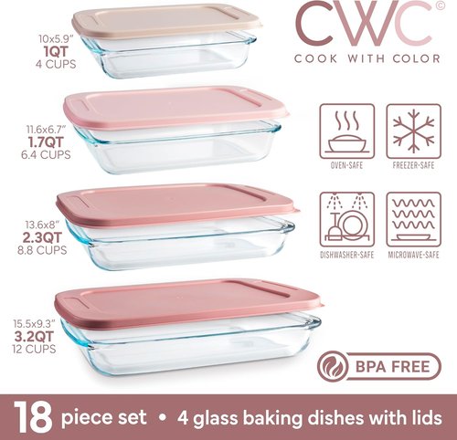 Cook With Color 8-Piece Glass Baking Dish Set with Lids - Deep Casserole & Food Storage, Oven Safe, Pink