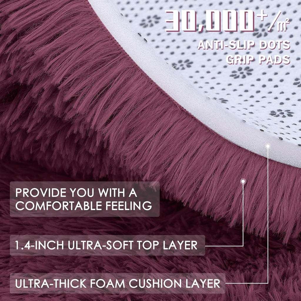 OLANLY Soft Fluffy Shaggy Bedside Rug - Machine Washable 2x3 ft | Burgundy Indoor Carpet for Kids & Nursery Decor