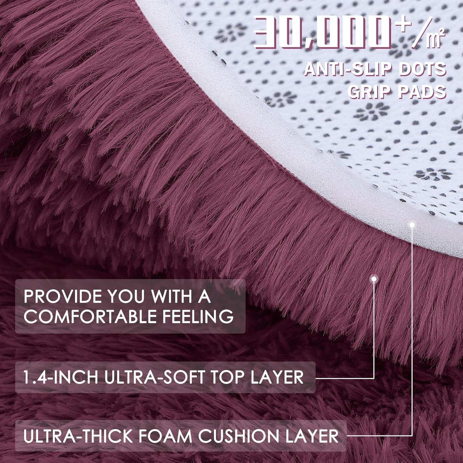 OLANLY Soft Fluffy Shaggy Bedside Rug - Machine Washable 2x3 ft | Burgundy Indoor Carpet for Kids & Nursery Decor
