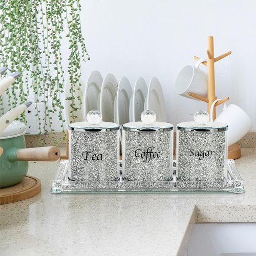 Topsky Coffee Sugar Tea Crystal Canister Set of 4,Sparkly Crystal Crushed Diamonds Home Decor,Silver Kitchen Coffee Jar Storage Set with Label & Lid,Storage Container Set for Countertop,Dining Room