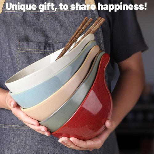 Artena Ramen Bowl Set - 42oz Ceramic Noodle Bowl with Chopsticks | Dishwasher & Microwave Safe, Red Gourd Design