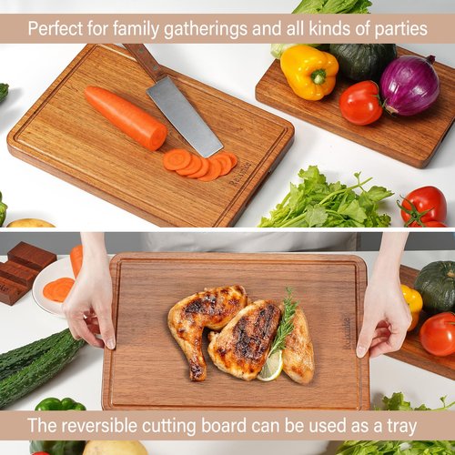 Relxinke Solid Teak Wood Cutting Board Set One Piece Non Glued Large Thick Crack Resistant Wooden Chopping Board with DeepJuice Grooves Built in Handles for Kitchen Meat Vegetable 18x12 IN &12X8 IN