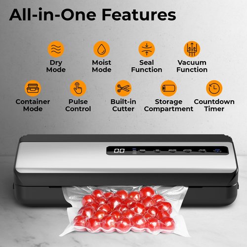 Vacuum Sealer for Food Saver & Preservation 80kPa - Powerful Suction Bag Sealer Dry/Moist/Liquid Modes - Vacuum Sealing Machine with Built-In Cutter, Bag Roll & 10 Bags Kit (Silver)