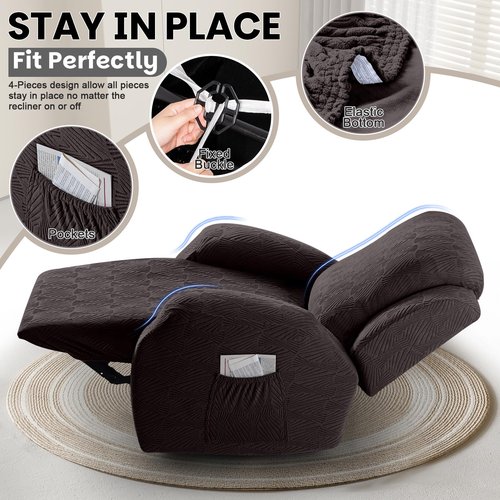VANSOFY Recliner Chair Covers, 4-Pieces Stretch Recliner Cover Jacquard Soft Reclining Chair Slipcover Furniture Protector with Elastic Bottom for Lazy Boy Recliner(Chocolate)