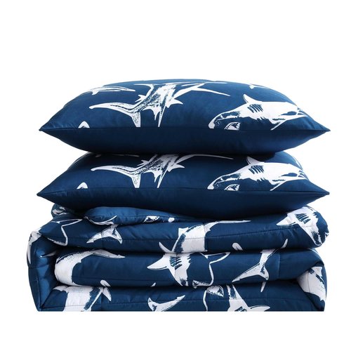 Eddie Bauer Kids - Kids Comforter Set, Super Soft Reversible Toddler Bedding with Matching Sham & Bonus Decorative Pillow, Ideal Boy Room Essentials (Vinny & Shark Friends Blue, Twin)