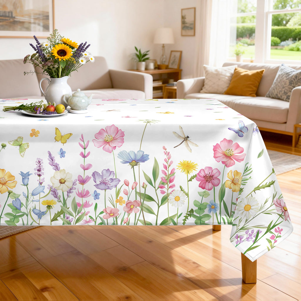 Arquiel Spring Summer Tablecloth Waterproof, Wild Flowers Butterfly Table Cloth Rectangle, Washable Table Cover for Party Picnic Wedding Outdoor Dining Decor (60×104 Inch)