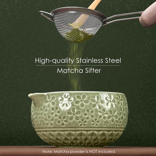 7Pcs Matcha Whisk Set, Ceramic Matcha Bowl with Spout, Bamboo Whisk&Holder,Bamboo Scoop,Scoop Rest,Sifter,Tea Towel, Matcha Kit w/Cherry Blossom Carved Patterns for Valentine's Day Gift