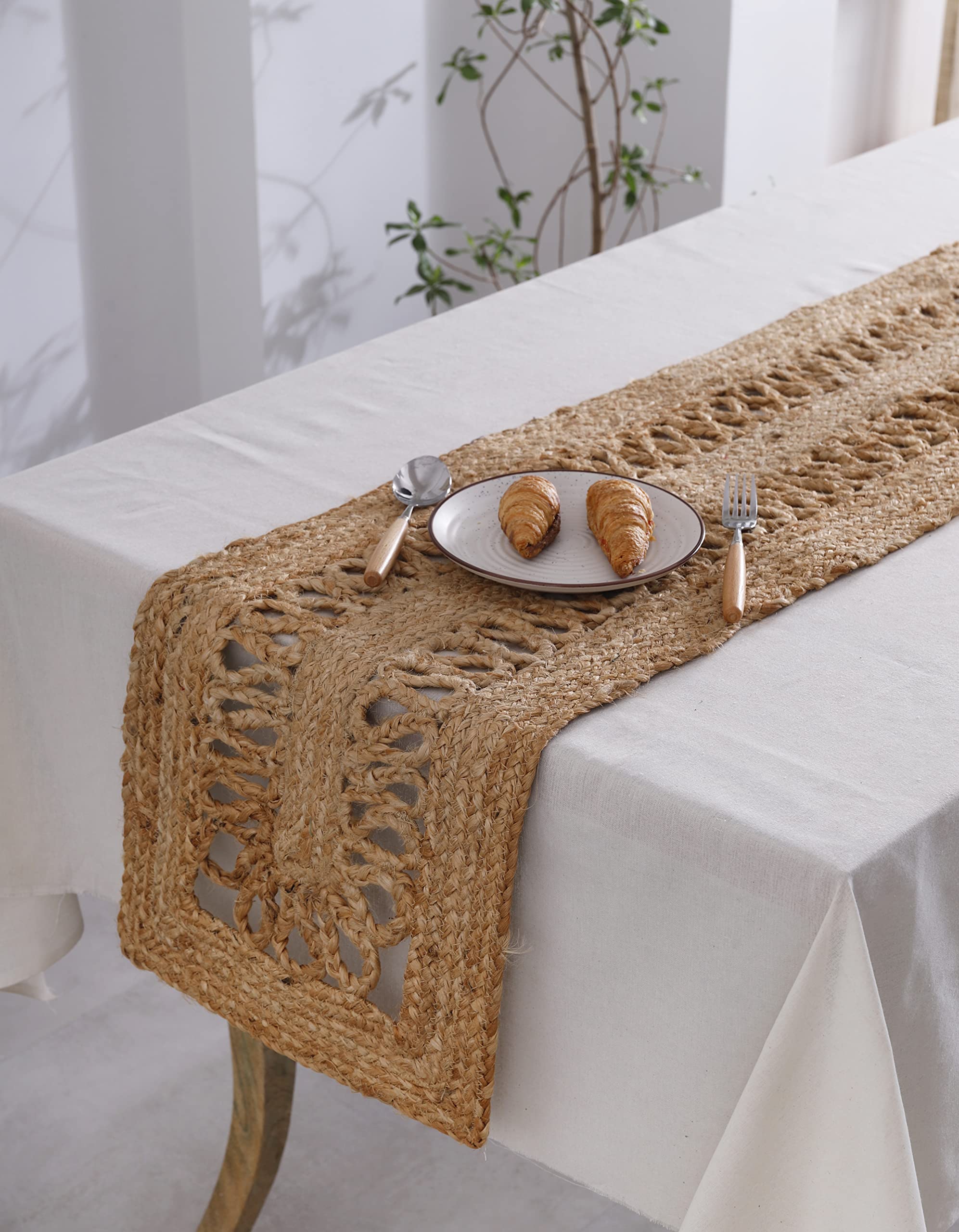 Madhu International Jute Table Runner, Natural Fiber Bohemian Runners for Rustic Decor, Handwoven Farmhouse Table Runner for Kitchen Decor, Dining Table, Braided Rugs for Living Room, 13x72 Inch