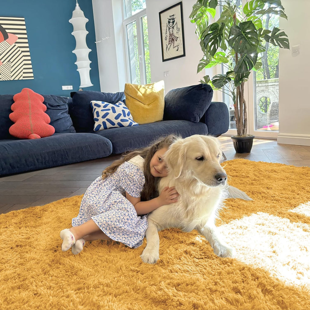 OLANLY Machine Washable 2x5 Runner Rug - Soft Fluffy Shaggy Indoor Carpet for Bedroom & Hallway | Mustard Yellow