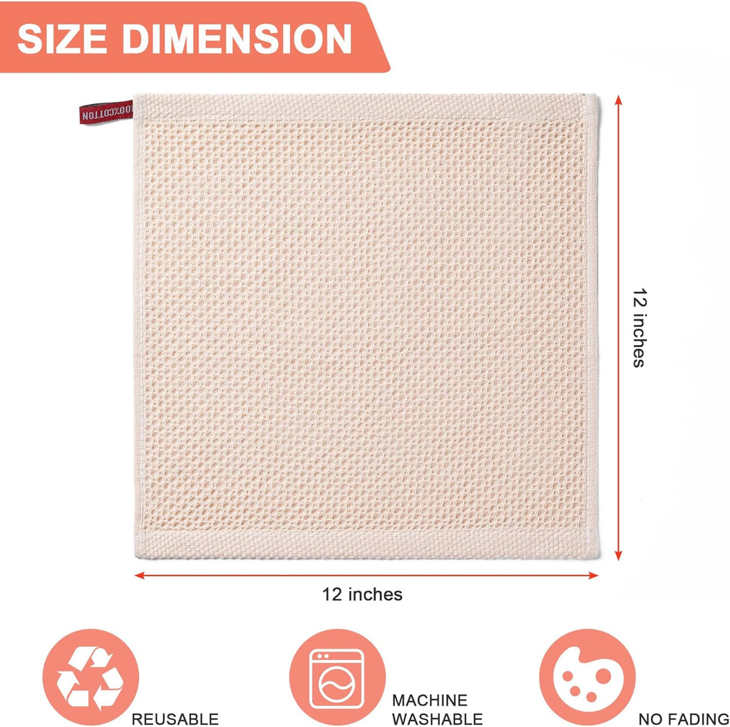 Skiennix Kitchen Dish Cloths - 100% Cotton Waffle Weave, Ultra Soft & Absorbent | 6-Pack, Beige, 12x12 Inches
