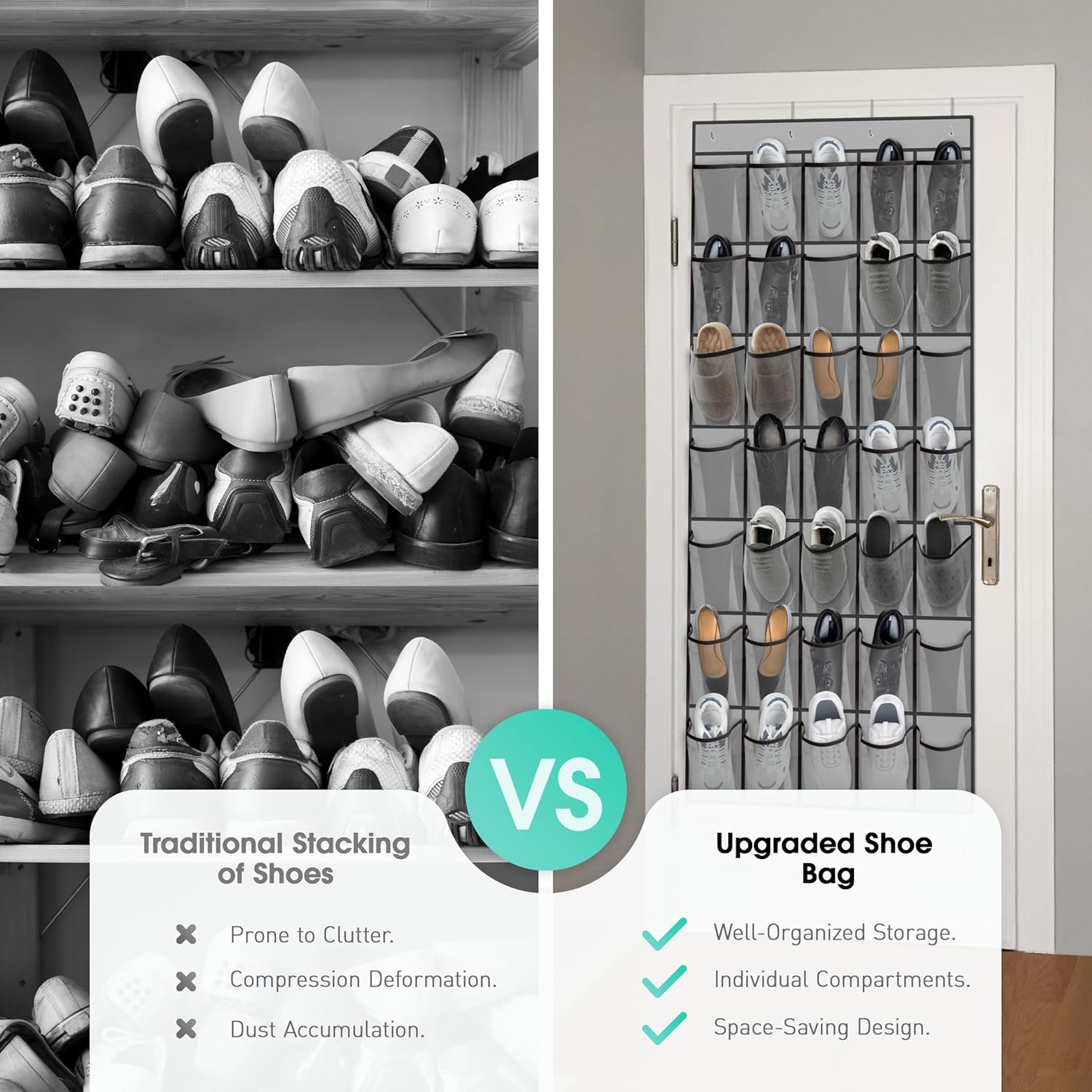 WVM Over The Door Shoe Organizer - 35 Breathable Mesh Pockets | Large Capacity Closet Storage in Grey