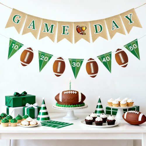 Football Burlap Banner Garland - NO DIY Game Day Banner Pre-Strung Football Birthday Banner Garland Triangle Flags Banners for Football Birthday Party Decorations Indoor and Outdoor