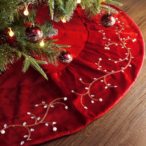 Bunny Chorus Christmas Tree Skirt, 60 inches Classic Large Velvet Fur Plush Red Tree Skirt, Baroque Tree Skirts with Gold Embroidered Pearls and Crystals for Merry Christmas