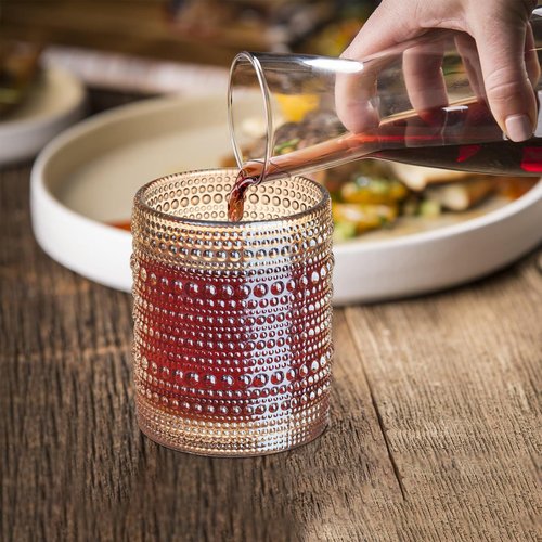 24 Pcs Golden Hobnail Beaded Drinking Glasses, 12 oz Vintage Glassware Set Romantic Water Glasses Tumbler, Water Cups, Clear Embossed Glassware Set for Beer, Juice, Cocktail, Soda, Beverages Amber