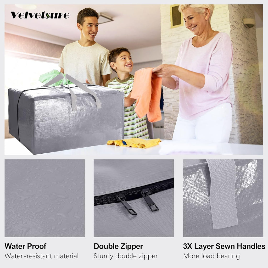VELVETSURE Extra Large Heavy-Duty Moving Bags - Durable Storage Totes with Backpack Straps & Zippers | Set of 6, Silver