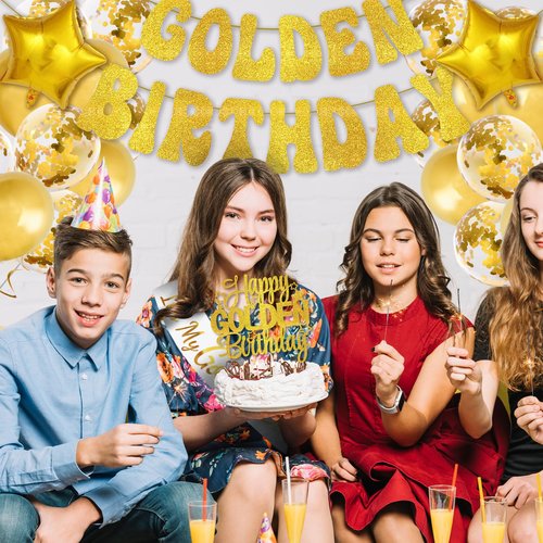 Golden Birthday Party Decorations Kit, It's My Golden Birthday Sash, Banner, Happy Gold Birthday Cake Topper, Fringe Curtain, Balloons for Women Men Gold Birthday Party Supplies
