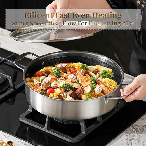 DELARLO Tri-Ply Stainless Steel Braiser Pan with Lid 5 Quart Nonstick Induction Rondeau Cooking Pot 12inch Deep Frying Pan Large Saute Pan Heavy Duty,Dishwasher and Oven Safe to 550℉