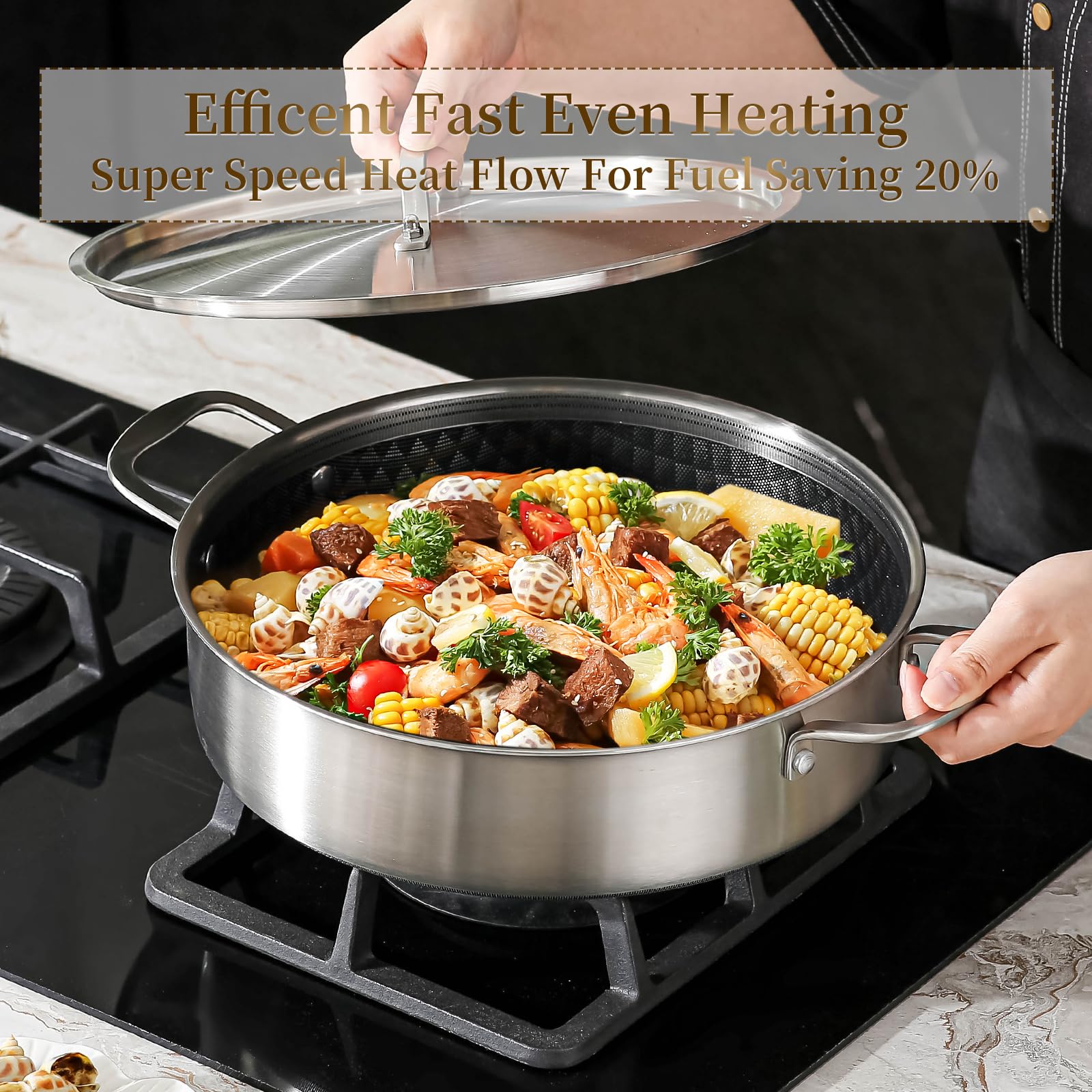 DELARLO Tri-Ply Stainless Steel Braiser Pan with Lid 5 Quart Nonstick Induction Cooking Rondeau Pot 12 Inch Deep Frying Pan Large Saute Pan Heavy Duty, Dishwasher and Oven Safe to 550℉